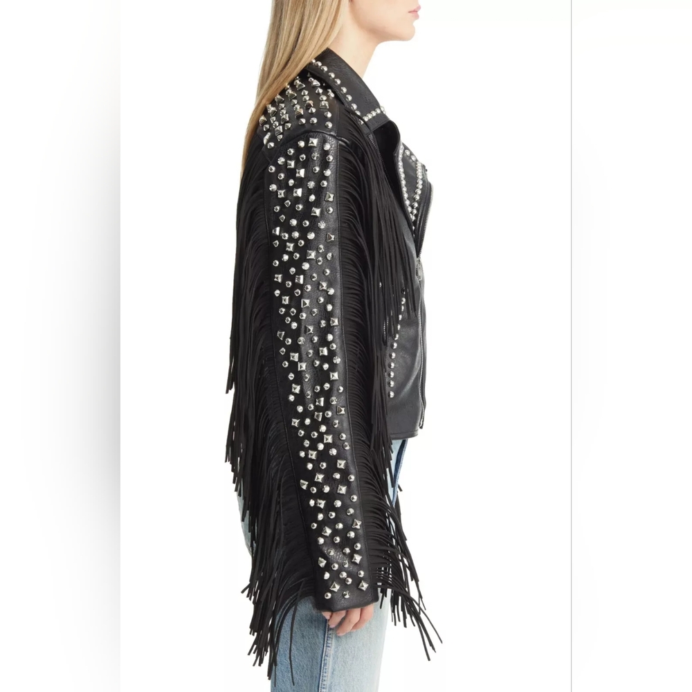 ~SOLD~ Dolls Kill Black Studded AZALEA WANG Ryder Fringe Faux Leather Jacket M - Picture 7 of 16